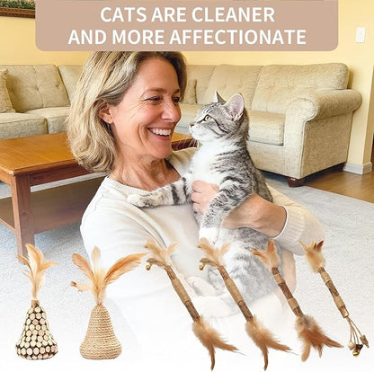 Walfront Cat Toys Interactive,Cats Chew Toys Sticks 2PCS Realistic Tree Stump Toys + 4PCS Pure Natural Log Sticks with Feathers and Bell Natural,Safe Dental Teething Toy for Indoor Cats