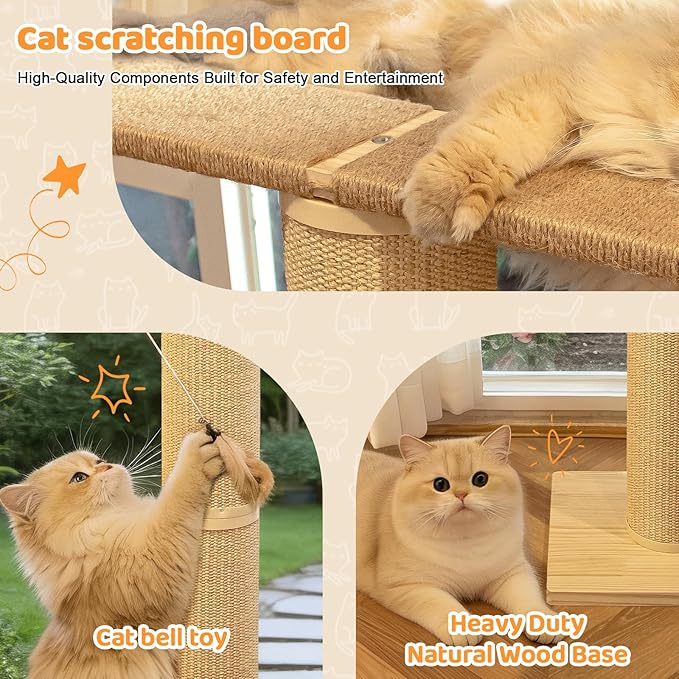 54.3" Cat Window Perch with 3 Adjustable Roman Column Sisal Posts, Gray Rabbit Fleece Cushions, Drill-Free Suction Cups, Multi-Level Bird Watching Perch, 60 lbs Capacity