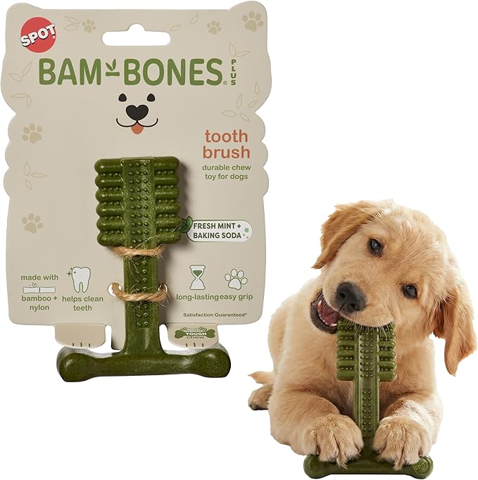 SPOT Bam-Bones Plus Toothbrush Dog Chew Toy, Durable Bamboo Fiber & Nylon Dental Chew, Fresh Mint & Baking Soda for Dental Care, Easy-to-Grip T-Bone Shape, for Heavy Chewers Under 30 lbs, 4 Inch
