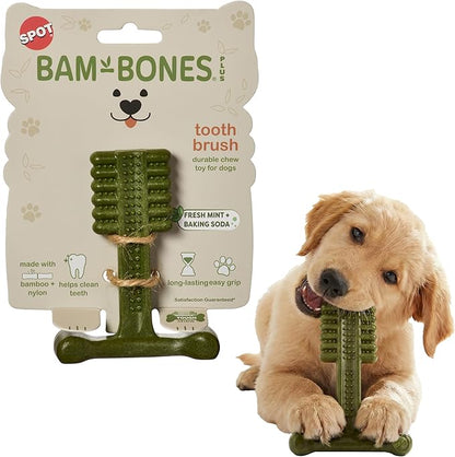 SPOT Bam-Bones Plus Toothbrush Dog Chew Toy, Durable Bamboo Fiber & Nylon Dental Chew, Fresh Mint & Baking Soda for Dental Care, Easy-to-Grip T-Bone Shape, for Heavy Chewers Under 30 lbs, 4 Inch