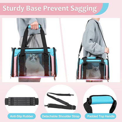 Discala Cat Dog Carrier Up to 15 Lbs TSA Airline Approved Pet Carrier for Small Medium Cats Puppies Dog Carriers for Small Dogs Collapsible Soft Sided Cat Travel Carrier - Blue&Pink 17"x11"x11"