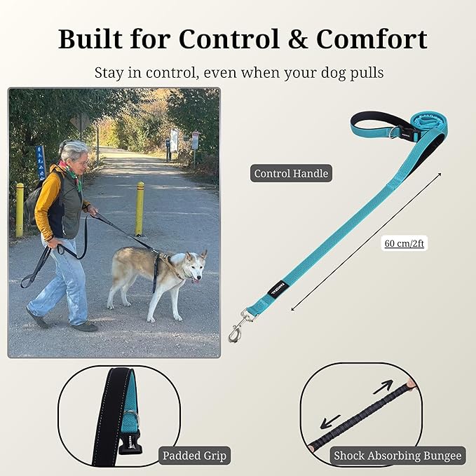 8FT-10FT Hands Free Dog Leash - Adjustable Waist/Crossbody 2-in-1 Belt with Shock-Absorbing, Traffic Handle & Reflective for Hiking, Canicross & Active Lifestyles (Sky Blue)