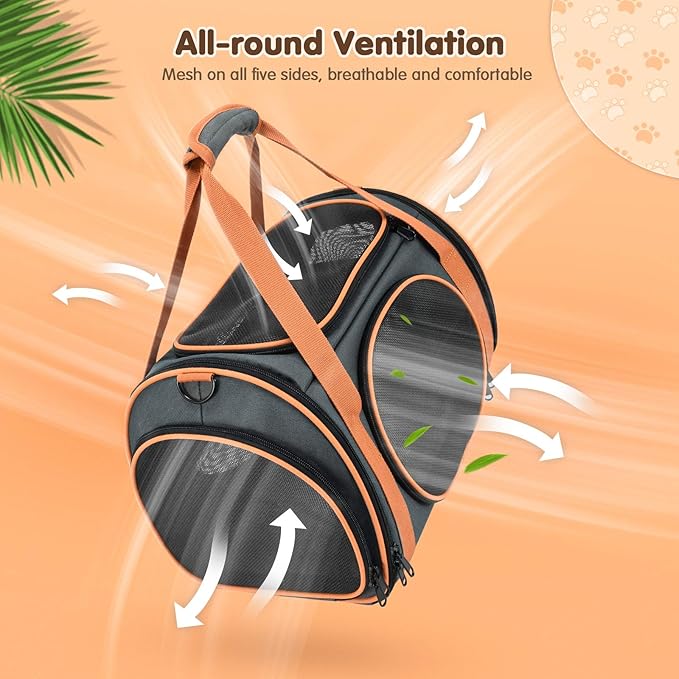 Cat Carrier TSA Airline Approved with Ventilation for Small Medium Cats Dogs Puppies, Dog Carrier with Big Space, 5 Mesh Windows, 4 Open Doors for Comfortable Travelling.