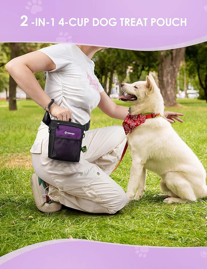 Gobeigo Dog Treat Pouch, Magnetic Closure & Sealable Silicone Bag Insert, 4-Cup Capacity – Belt Clip/Waist Belt/Crossbody Wear, Clicker Included – Great for Pet Training & Walking (Purple)