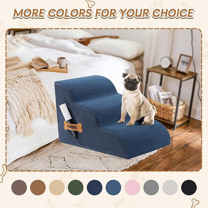 Romrol Dog Stairs Ramp for High Beds Couches, High Density Foam Pet Steps with Durable Non-Slip Waterproof Fabric Cover, Dog Stairs for Small Dogs or Cats or Pets, 3-Step,15 Inch,Dusty Blue