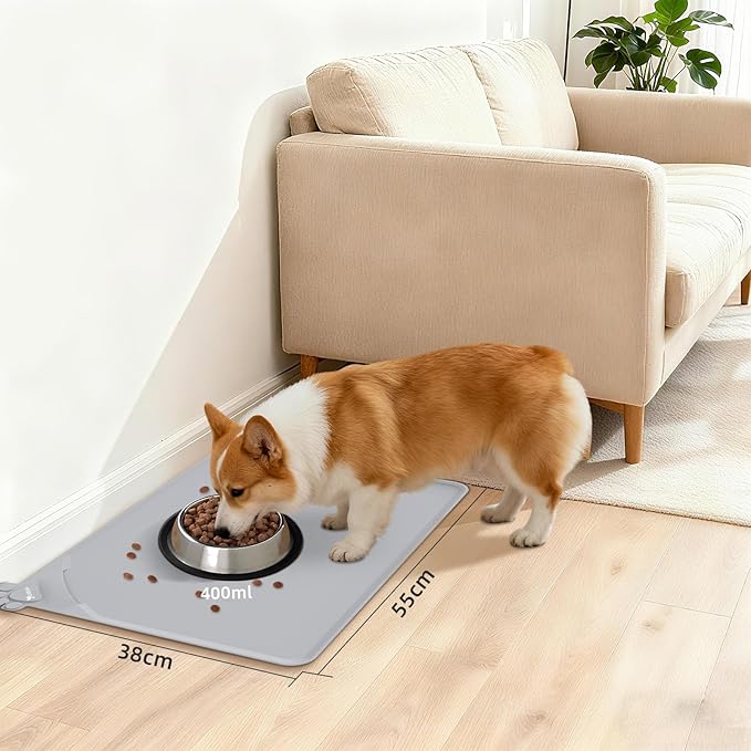 Waterproof Raised Edge BPA Free Silicone Pet Feeding Mat-Multiple Colors，Dog Cat Food Mats Contain Spills Protects Floors, Placemats for Cats and Dogs Water Bowl, Pets Accessories 22x15 Gray