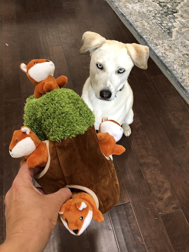 Fox in Tree Hide and Seek Dog Toy for Small and Medium Size Dogs, Plush Fox Inside Trunk Dog Toy with Squeaker, Interactive Burrow Toy (Tree with Fox, Medium)