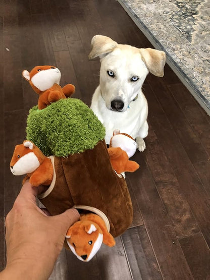 Fox in Tree Hide and Seek Dog Toy for Small and Medium Size Dogs, Plush Fox Inside Trunk Dog Toy with Squeaker, Interactive Burrow Toy (Tree with Fox, Medium)