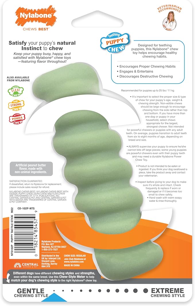 Nylabone Sensory Material Soothing Puppy Chew Toy Stick, Toys for Teething Puppies, Peanut Butter Flavor, Small - Up to 25 lbs, 1 Count