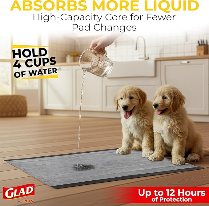 Glad for Pets Extra Large Charcoal Dog Training Pads, Absorbent Leak Proof Pee Pads for Dogs and Puppies, Odor Control Potty Pads with Activated Carbon, 28 x 30 Inches, 50 Count - 4 Pack