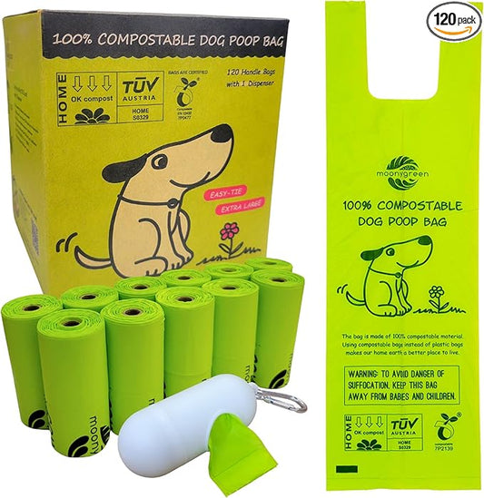 Dog Poop Bag, Compostable Dog Poop Bags, Doggied Poop Bags, Eco-Friendly, Unscented, Vegetable-Based, Extra Thick, Leak Proof, for Dogs and Cat Scoops, 120 Counts with Holder