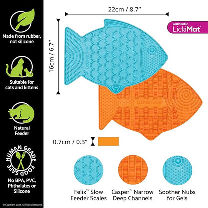 Lickimat Casper & Felix, Fish-Shaped Cat Slow Feeders Lick Mat, Boredom Anxiety Reducer; Perfect for Food, Treats and Anxiety Reduction. (Orange & Turquoise)