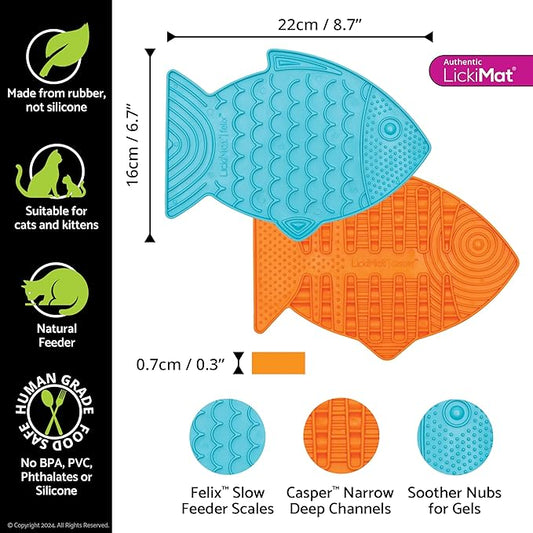 Lickimat Casper & Felix, Fish-Shaped Cat Slow Feeders Lick Mat, Boredom Anxiety Reducer; Perfect for Food, Treats and Anxiety Reduction. (Orange & Turquoise)