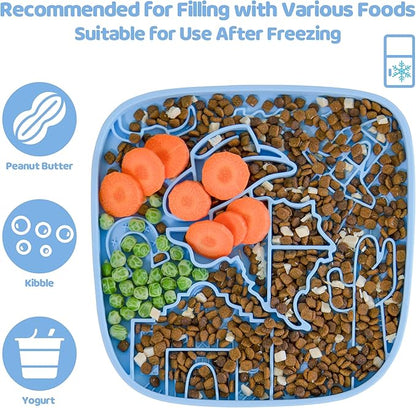 Puzzle Feeder Snuffle Mat and Lick Mat for Dogs,Texas Textured Slow Feeder, 0.75 Inch Thin Silicone Mat Holds 3 Cups, Dishwasher and Microwave Safe, Blue