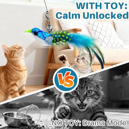 Cat Toy – Interactive Wand with Blue Bird Design Featuring Bell, Feather & Sparkle Teaser for Indoor Play with Owner or Solo Fun, Hands-Free Self-Play for Happy, Active Cats & Kittens