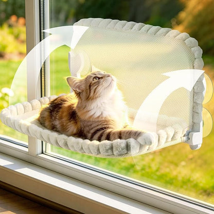 Cat Window Perch - Cordless Foldable Double-Sided Cat Hammock with Metal Frame, Machine Washable Bed for Large Cats & Kittens to Sunbathe Safely-Beige