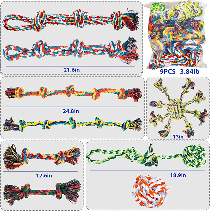Dog Rope Toys for Large/Medium Dogs, Nearly Indestructible Dog Toys Set With Eight Legs Ball for Aggressive Chewers,Full of Attractiveness, Heavy Duty Natural Cotton Rope Chew toy, Tug Toy 9 Pack