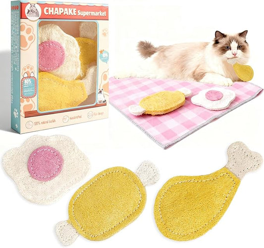 3-Pack Catnip Chew Toys, Natural Loofah Cat Scratch & Teething Toys for Bored Indoor Cats, Interactive Food Shape Treat Toy for Dental Health, Cat Toys with Catnip for Kitty Toys