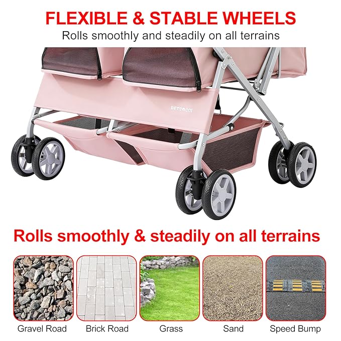 Double Pet Stroller for 2 Small Dogs & Cats, Side-by-Side Twin Travel Carriage with Safety Leashes, Mesh Windows & Double Storage Baskets, Lightweight & Foldable, 44lbs Capacity, Pink