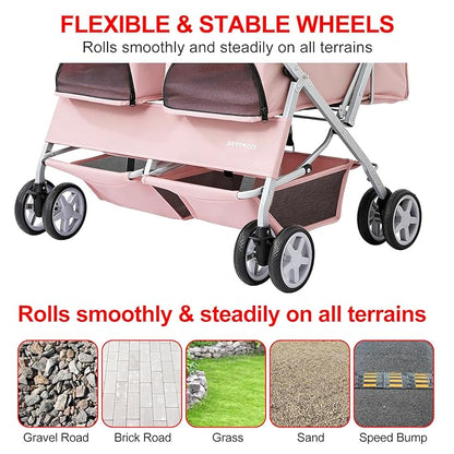 Double Pet Stroller for 2 Small Dogs & Cats, Side-by-Side Twin Travel Carriage with Safety Leashes, Mesh Windows & Double Storage Baskets, Lightweight & Foldable, 44lbs Capacity, Pink