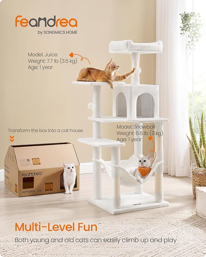 Feandrea Cat Tree, 55.1-Inch Cat Tower, Plush Multi-Level Condo with 4 Scratching Posts, 2 Perches, Hammock, Cave, Cream White UPCT161T01