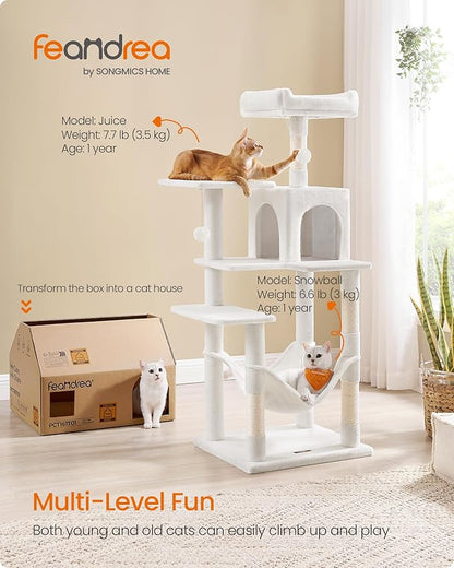 Feandrea Cat Tree, 55.1-Inch Cat Tower, Plush Multi-Level Condo with 4 Scratching Posts, 2 Perches, Hammock, Cave, Cream White UPCT161T01