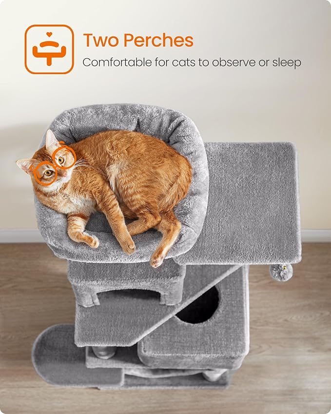 Feandrea Cat Tree, 59.5-Inch Tall Cat Tower, Plush Multi-Level Condo with 5 Scratching Posts, 2 Perches, 2 Caves, Hammock, 2 Pompoms, Light Gray UPCT192W01