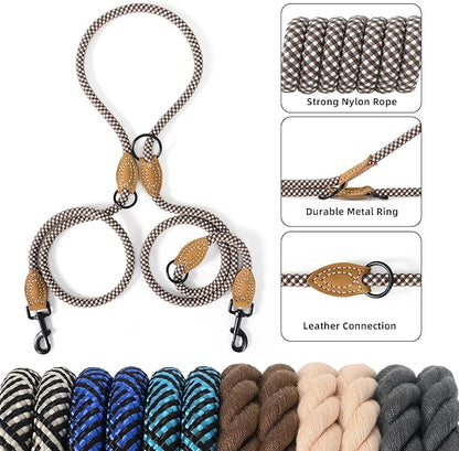 Mile High Life Dual Dog Leash - Double, Hands Free, 360 Swivel, Leather Tailored Connection, Brown, 8FT