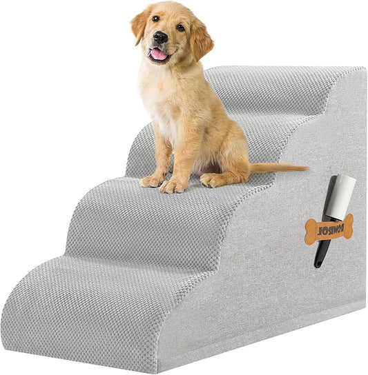 Romrol Dog Stairs Ramp for Beds Couches, Extra Wide Pet Steps with Durable Non-Slip Waterproof Fabric Cover, Dog Slope Stairs for Small Dogs and Cats or Pets Friendly, 4-TiersLight Grey