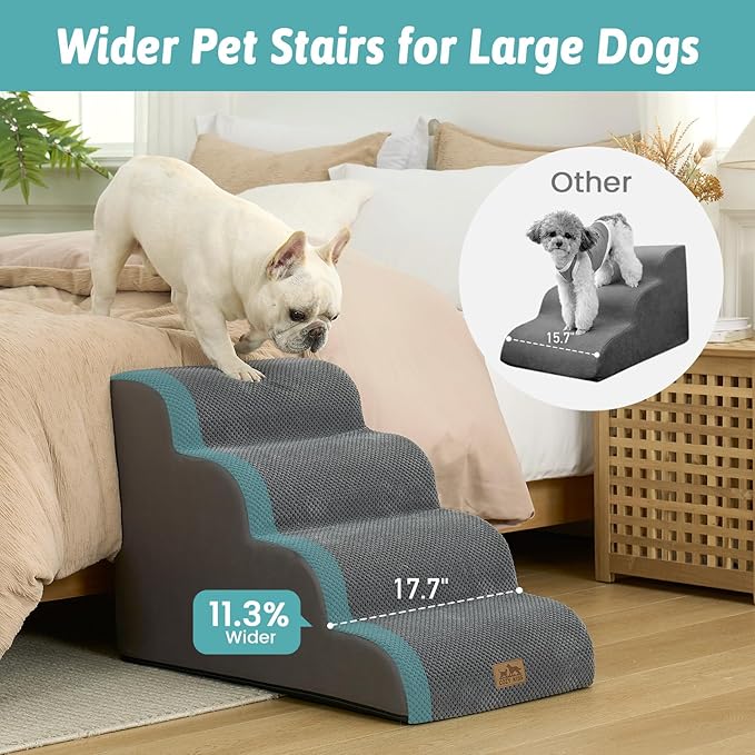 Wide Dog Stairs for Small Dog 19.7" H, Pet Step for Puppy, Older Cat, Curved Ramp for Bed, Durable Anti-Slip Ladder with High Density Foam, 4 Step, 17.7x28x19.7 inch, Dark Grey