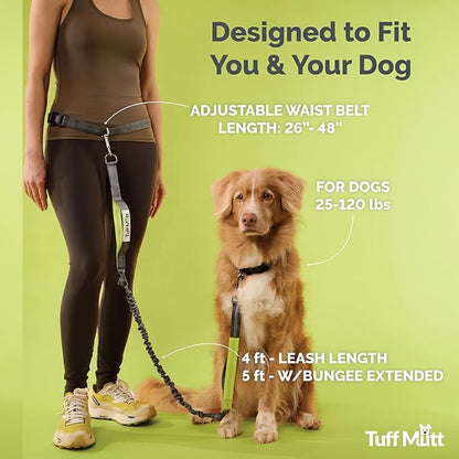 Tuff Mutt Hands Free Dog Leash for Walking Running Hiking, Waist Leash with Bungee, Adjustable Belt, Reflective Double Handle Design for Large Medium Dogs