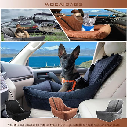 Wooaidagg Dog Car Seat for Small Dogs,Covered Soft Fabric and Fill in Memory Foam,Easy to Assemble and Fully Detachable,2 Clip-On Safety Leashes and Storage Pockets(Brown)