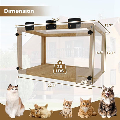 Waterproof Window Cat Perch Catio, Solid Wood Cat Window Box with Clear Acrylic Panels, Outdoor Cat Enclosure for Indoor Cats, Window Catio for Single-Hung Windows 24–35 in