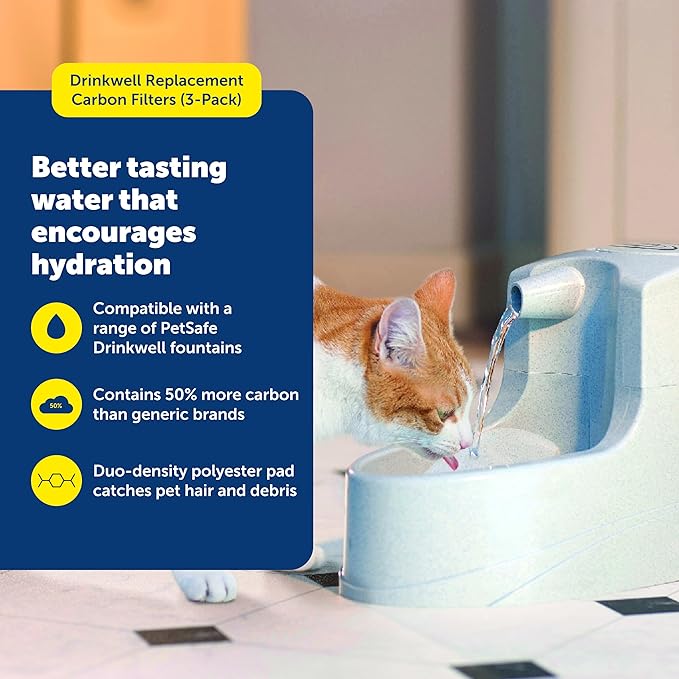 PetSafe Drinkwell Replacement Carbon Filters - Activated Carbon Cat Water Fountain Filter for Clean & Fresh Water & Better Taste - Fountain Cartridge Refill - 3 Pack
