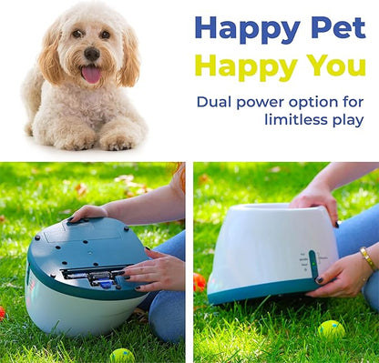 Automatic Dog Ball Launcher for Medium and Small Size Dogs, Interactive Fetch Machine for Indoor and Outdoor Play with 10 PCS Latex Balls, Dual Power Mode Ball Thrower, Dog Toy