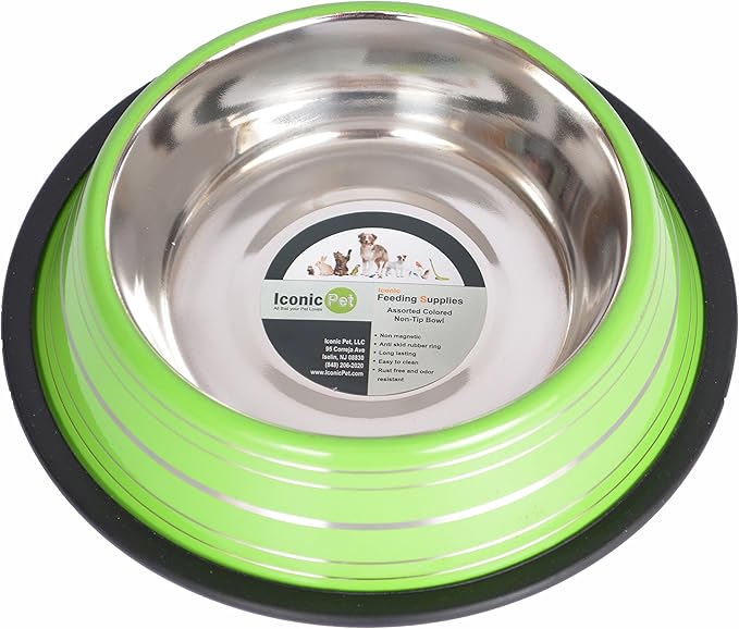 Iconic Pet Color Splash Stripe Non-Skid Stainless Steel Dog & Cat Bowl - Green, 8 Oz, 1 Cup, Durable, Easy to Clean, Anti-Slip Feeding Dish for Food & Water, Stylish Design for Dogs and Cats