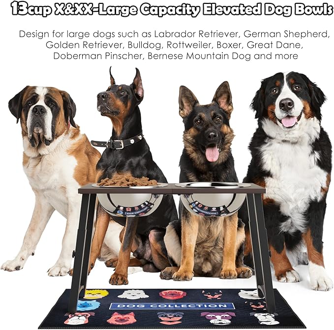 Elevated Dog Bowls with Spill-Proof Mat, 4 Adjustable Heights (for Large & Extra Large Breeds), Includes Two 3000ML Stainless Steel Bowls for Food & Water
