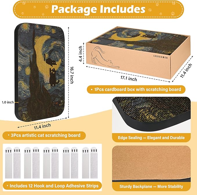 Art Cat Scratcher, 3 Packs Wall-Mountable Art Cat Scratching Board with Box, Cat Wall Scratcher, Cat Scratch Pad, Cardboard Cat Scratchers for Indoor Cats Toy Furniture Protector