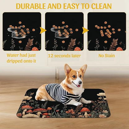 Vintage Mushroom Flower Pet Feeding Mat, Absorbent Dog Cat Bowl Pad, Fast Dry, Waterproof Rubber Back – 16x24 Inch