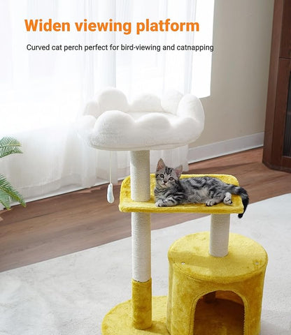 Happi N Pets Cat Tree, 33" Multi-Level Cloud Cat Tree Tower with Cozy Padded Bed & Large Condo for All Sized Cats, Featuring Scratching Posts, Viewing Perch & Toys, Stable Small Cat Tower