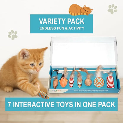 Natural Cat Toys Set, Eco-Friendly Interactive Toys with Feather Mice, Fiber Balls, Wand & Teething Toys | Gift for Cats & Kittens