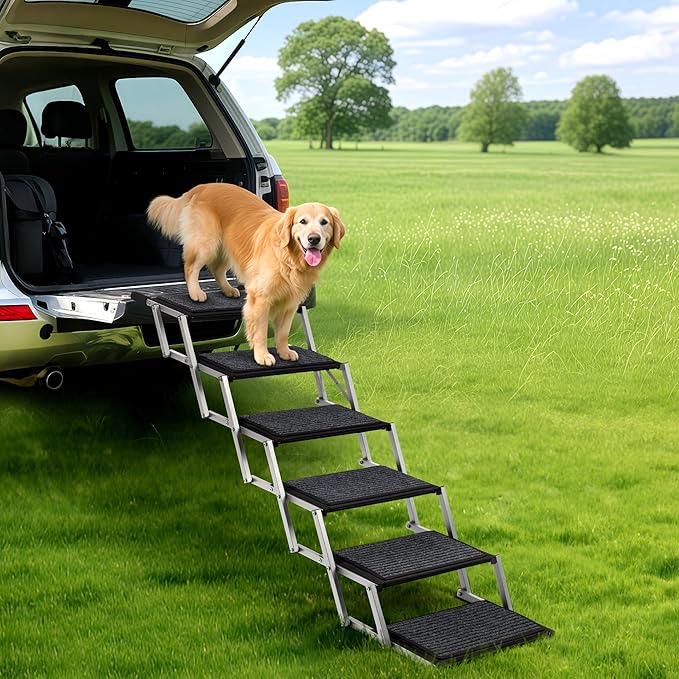Extra Wide Dog Steps for Car, Truck and SUV - Foldable Pet Stairs for Large Dogs with Non-Slip Rug Surface, Lightweight Dog Ramp Holds Up to 250lbs, 6 Steps