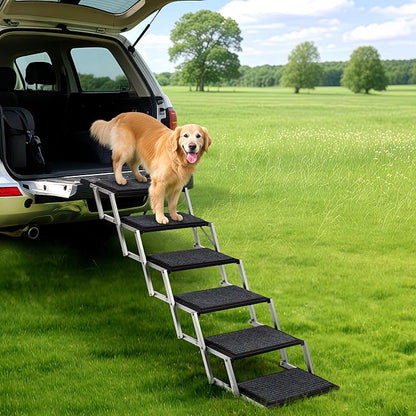 Extra Wide Dog Steps for Car, Truck and SUV - Foldable Pet Stairs for Large Dogs with Non-Slip Rug Surface, Lightweight Dog Ramp Holds Up to 250lbs, 6 Steps