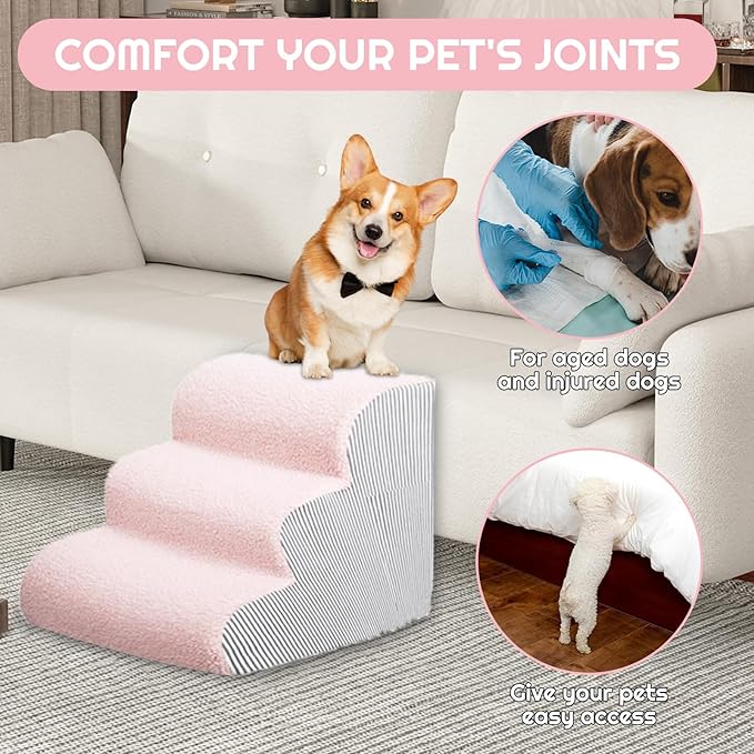 Dog Stairs for Bed 13.7" H, 30D Foam 3-Step for Sofa,Curved Stairs for Puppy,Pet Steps for Couch for Small Dogs and Cats or Pets Friendly