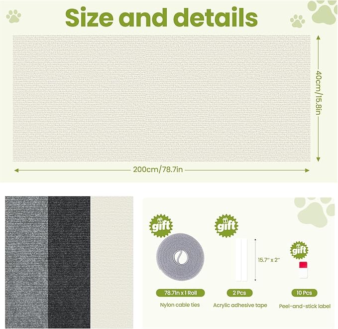 Cat Scratch Couch Furniture Protector, 78.7" x 15.8" Cat Scratcher Pad Deterrent from Cats Claws Scratching, DIY Sisal Carpet Cat Proof Couch Cover Replacement for Indoor Sofa, Wall, Door, Beige