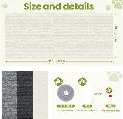 Cat Scratch Couch Furniture Protector, 78.7" x 15.8" Cat Scratcher Pad Deterrent from Cats Claws Scratching, DIY Sisal Carpet Cat Proof Couch Cover Replacement for Indoor Sofa, Wall, Door, Beige
