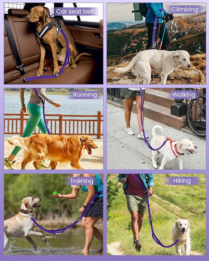 Hands Free Dog Leash, 2-in-1 Detachable Pet Seatbelt,5.9-9.2 ft Crossbody Dog Leash with Double-Sided Reflective for Walking, Hiking, Travel etc.(Purple)