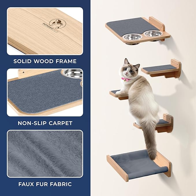 Space-Saving Cat Wall Shelves – Interactive Cat Wall Climber with Hammock & Dog Proof Feeding Station for Small & Medium Indoor Breeds – Solid Natural Wood with Gray Carpet