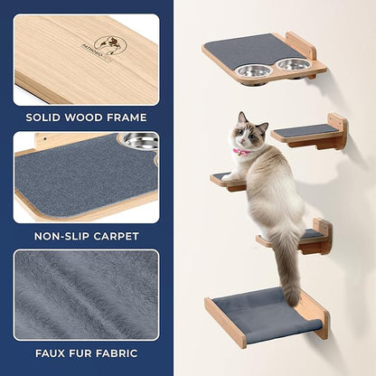 Space-Saving Cat Wall Shelves – Interactive Cat Wall Climber with Hammock & Dog Proof Feeding Station for Small & Medium Indoor Breeds – Solid Natural Wood with Gray Carpet