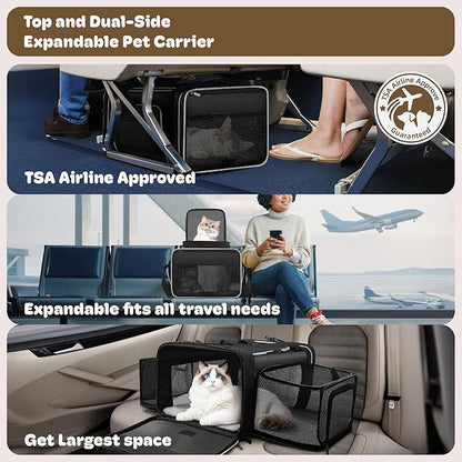 Top and 2 Sides Expandable Cat Carrier 18x13.5x9.5, TSA Airline Approved Dog Carriers for Small Dogs, Soft-Sided Pet Carrier with Self-Locking Zippers for Kitten,Rabbit,Puppy, Black White